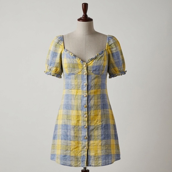 STAUD Dresses & Skirts - STAUD Amina Plaid Mini Dress - Blue & Yellow Gingham - Size 12